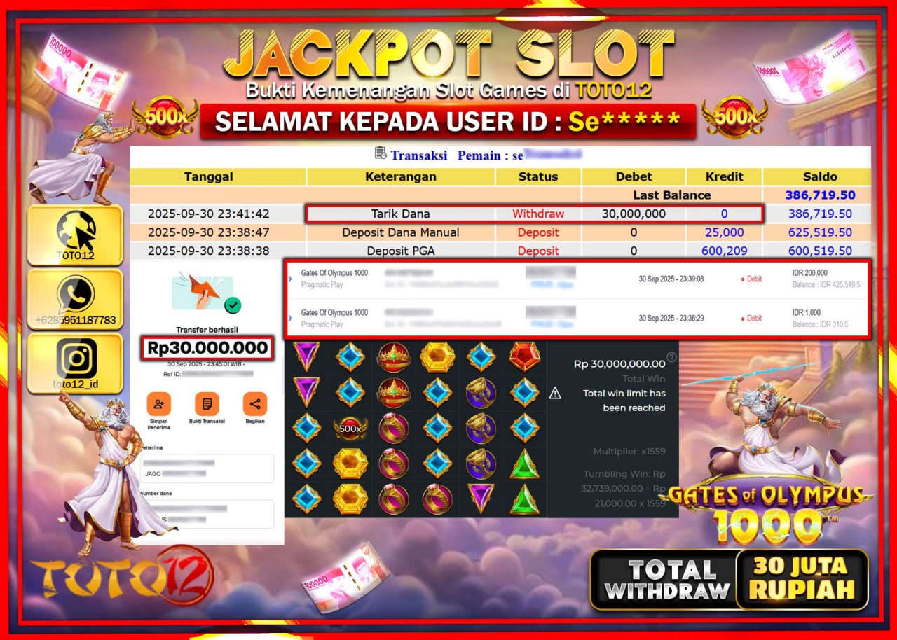 HANYA DI TOTO12 JP PASTI DI BAYAR LUNAS DAN CEPAT!!!!!! JACKPOT SLOT GAME (GATES OF OLYMPUS 1000) Rp.30.000.000 !!!!