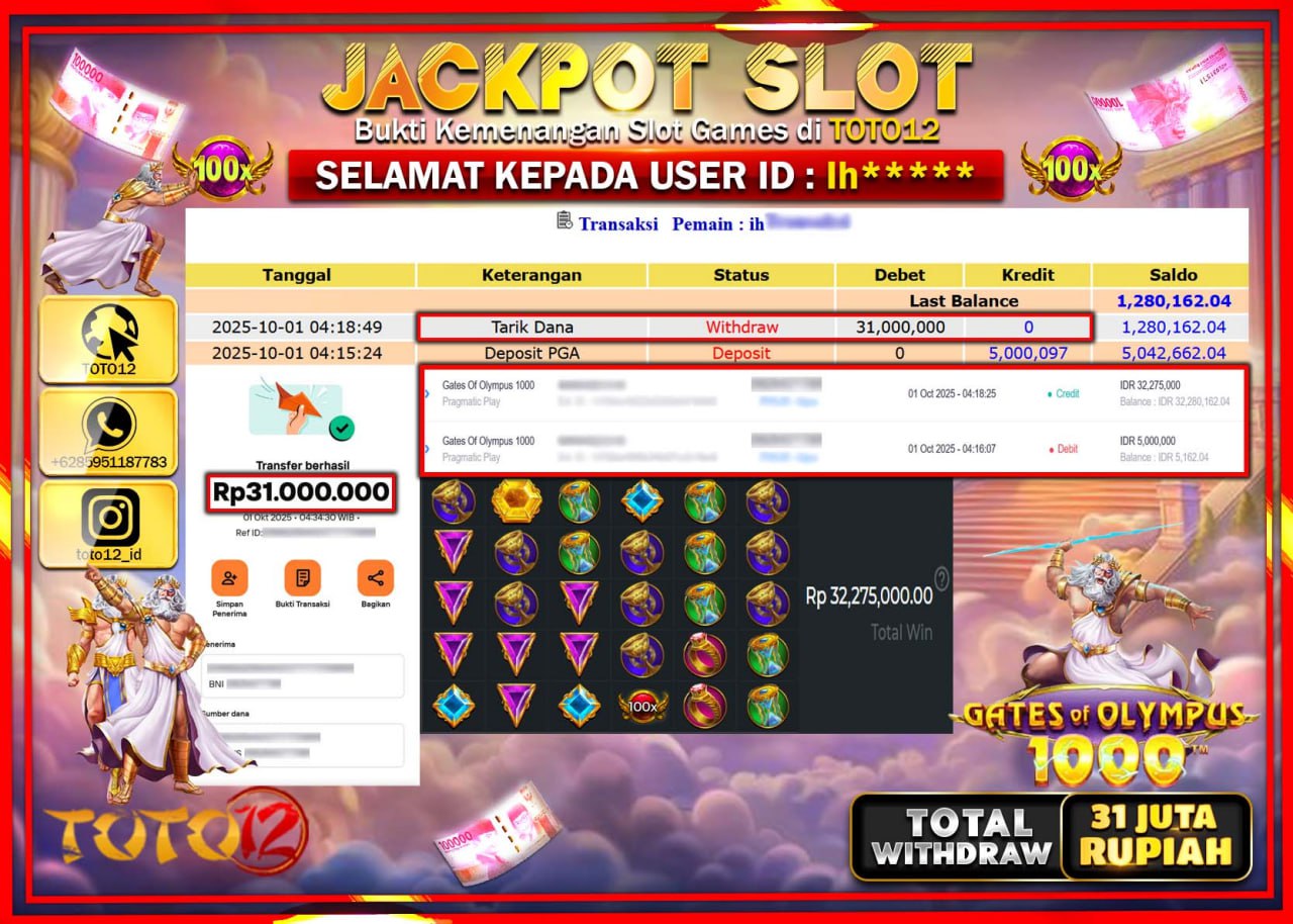 HANYA DI TOTO12 JP PASTI DI BAYAR LUNAS DAN CEPAT!!!!!! JACKPOT SLOT GAME (GATES OF OLYMPUS 1000) Rp.31.000.000 !!!!