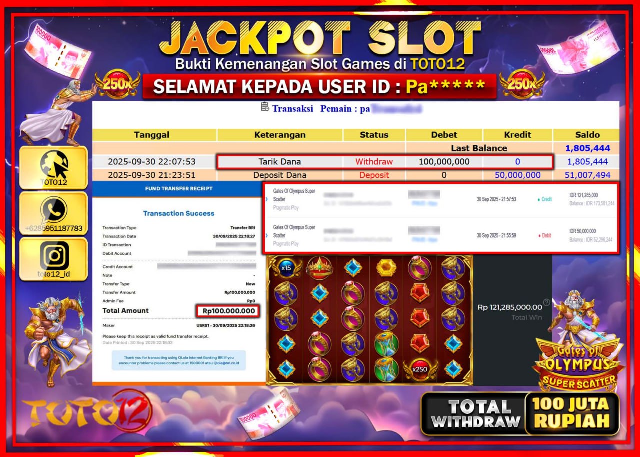 HANYA DI TOTO12 JP PASTI DI BAYAR LUNAS DAN CEPAT!!!!!! JACKPOT SLOT GAME (GATES OF OLYMPUS SUPER SCATTER) Rp.100.000.000 !!!!