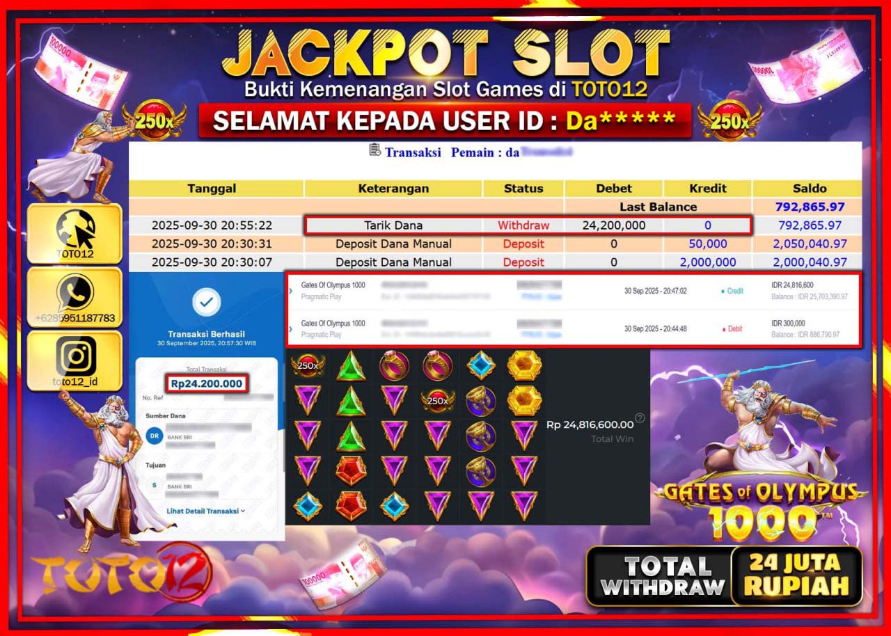 HANYA DI TOTO12 JP PASTI DI BAYAR LUNAS DAN CEPAT!!!!!! JACKPOT SLOT GAME (GATES OF OLYMPUS 1000) Rp.24.200.000 !!!!