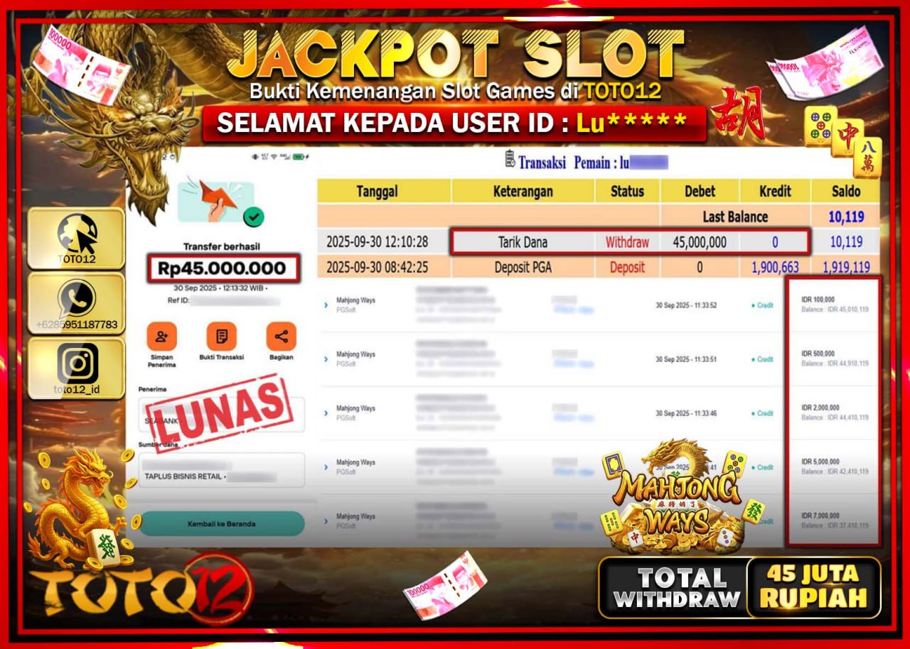 HANYA DI TOTO12 JP PASTI DI BAYAR LUNAS DAN CEPAT!!!!!! JACKPOT SLOT GAME (MAHJONG WAYS) Rp.45.000.000 !!!!