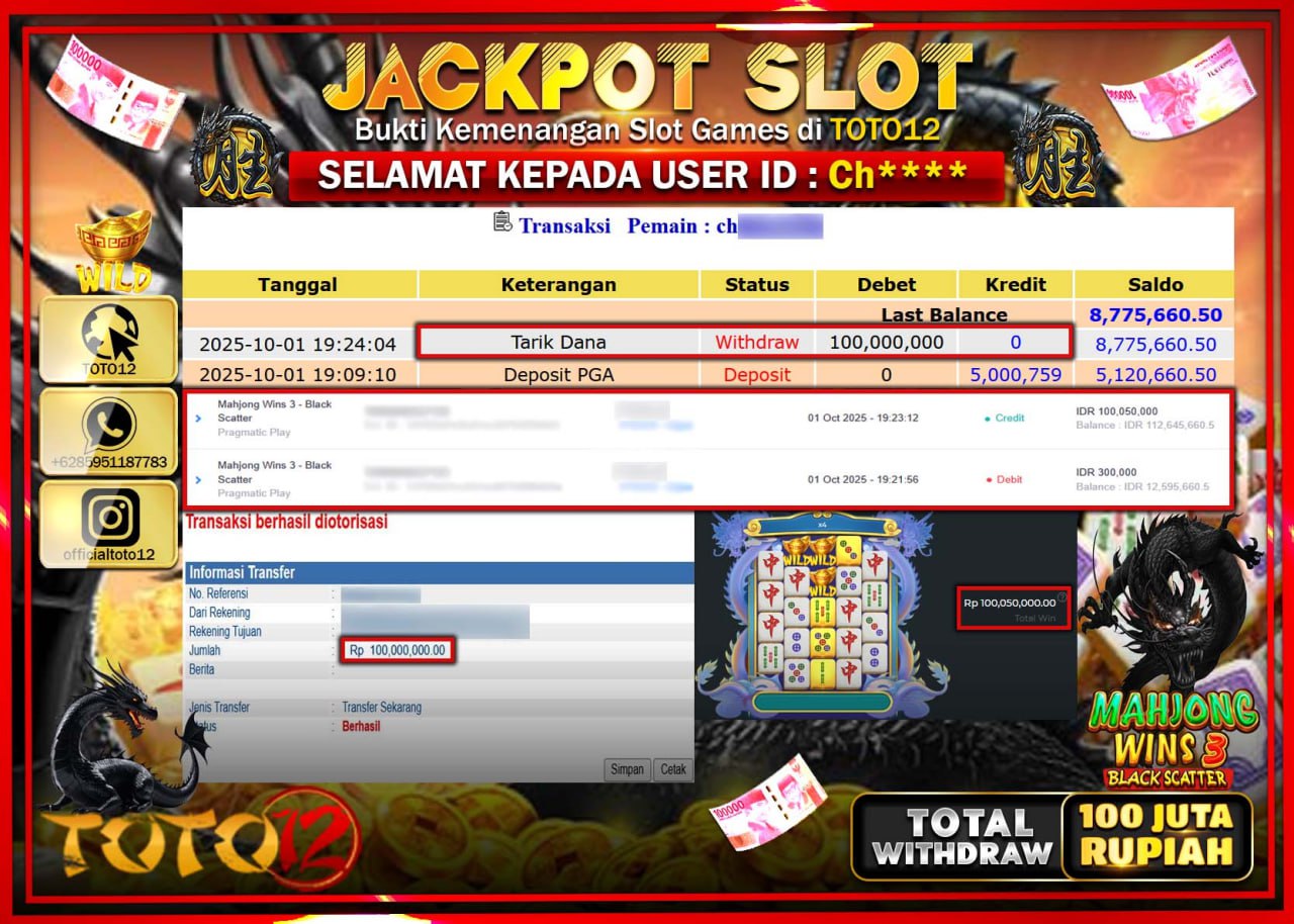 HANYA DI TOTO12 JP PASTI DI BAYAR LUNAS DAN CEPAT!!!!!! JACKPOT SLOT GAME (MAHJONG WINS 3 BLACK SCATTER) Rp.100.000.000 !!!!