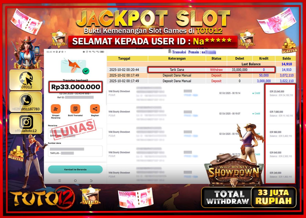 HANYA DI TOTO12 JP PASTI DI BAYAR LUNAS DAN CEPAT!!!!!! JACKPOT SLOT GAME (WILD BOUNTY SHOWDOWN) Rp.33.000.000 !!!!