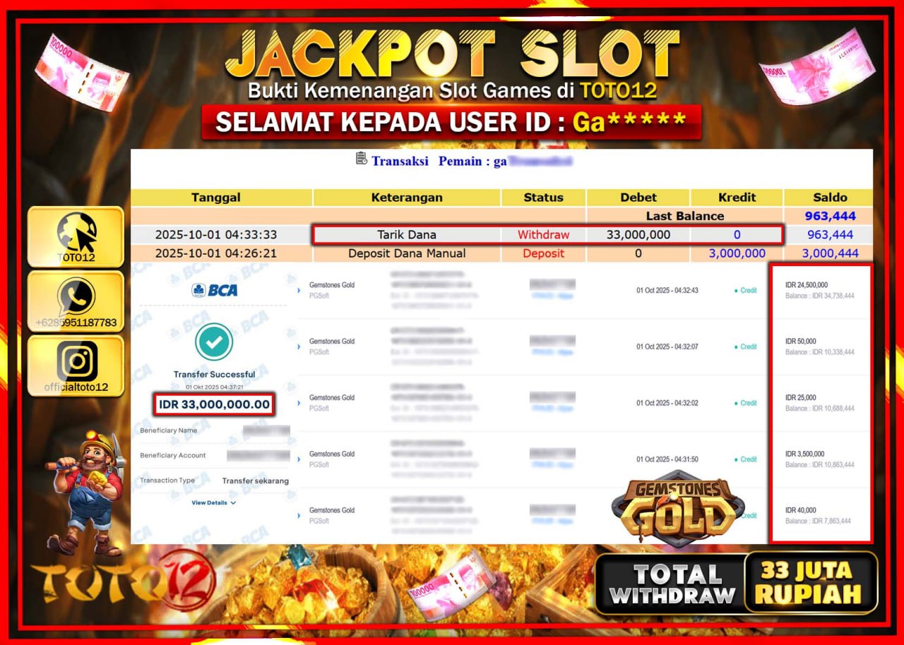 HANYA DI TOTO12 JP PASTI DI BAYAR LUNAS DAN CEPAT!!!!!! JACKPOT SLOT GAME (GEMSTONES GOLD) Rp.33.000.000 !!!!