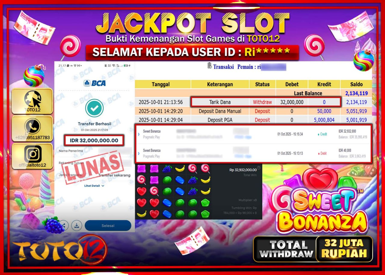 HANYA DI TOTO12 JP PASTI DI BAYAR LUNAS DAN CEPAT!!!!!! JACKPOT SLOT GAME (SWEET BONANZA) Rp.32.000.000 !!!!