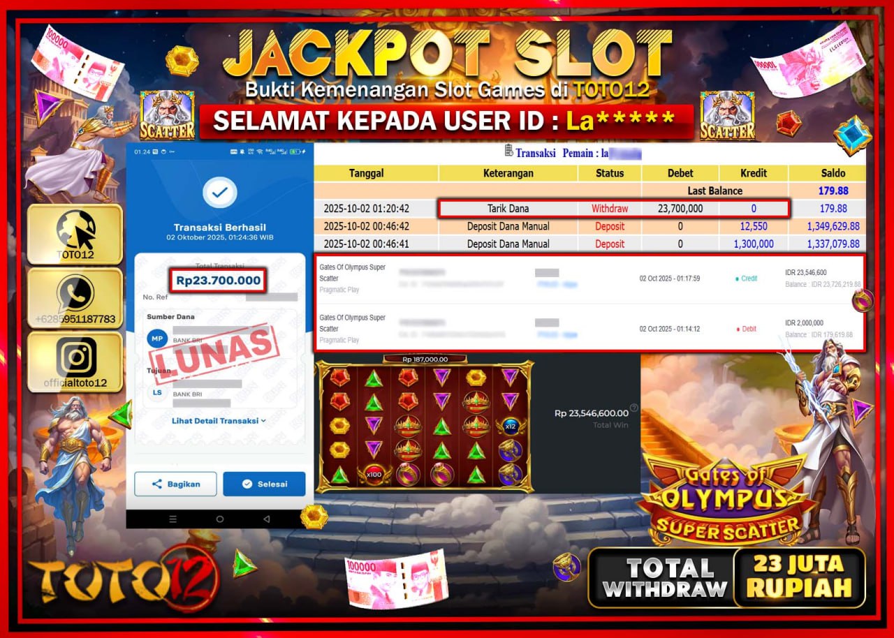 HANYA DI TOTO12 JP PASTI DI BAYAR LUNAS DAN CEPAT!!!!!! JACKPOT SLOT GAME (GATES OF OLYMPUS SUPER SCATTER) Rp.23.700.000 !!!!