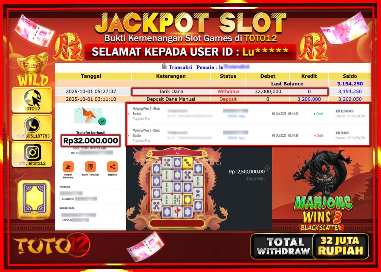 HANYA DI TOTO12 JP PASTI DI BAYAR LUNAS DAN CEPAT!!!!!! JACKPOT SLOT GAME (MAHJONG WINS 3 BLACK SCATTER) Rp.32.000.000 !!!!