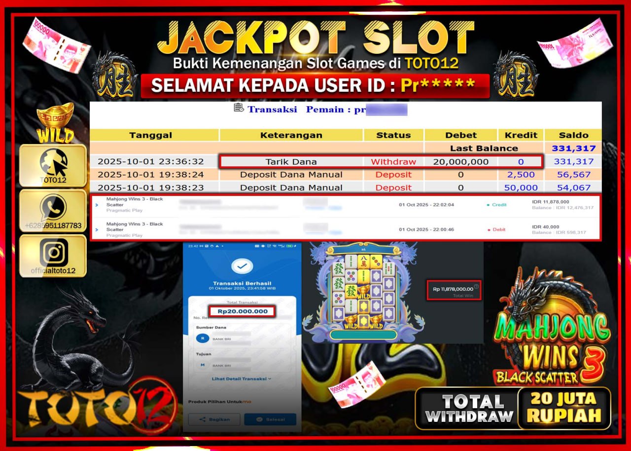 HANYA DI TOTO12 JP PASTI DI BAYAR LUNAS DAN CEPAT!!!!!! JACKPOT SLOT GAME (MAHJONG WINS 3 BLACK SCATTER) Rp.20.000.000 !!!!