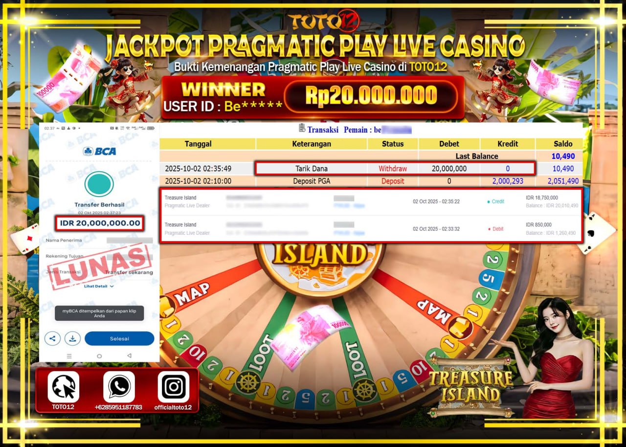 HANYA DI TOTO12 JP PASTI DI BAYAR LUNAS DAN CEPAT!!!!!! JACKPOT PRAGMATIC PLAY LIVE CASINO (TREASURE ISLAND) Rp.20.000.000 !!!!