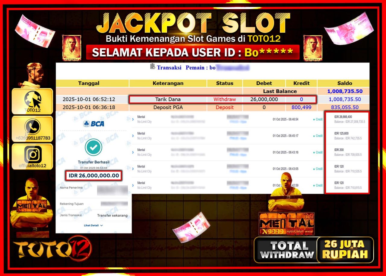 HANYA DI TOTO12 JP PASTI DI BAYAR LUNAS DAN CEPAT!!!!!! JACKPOT SLOT GAME (MENTAL) Rp.26.000.000 !!!!