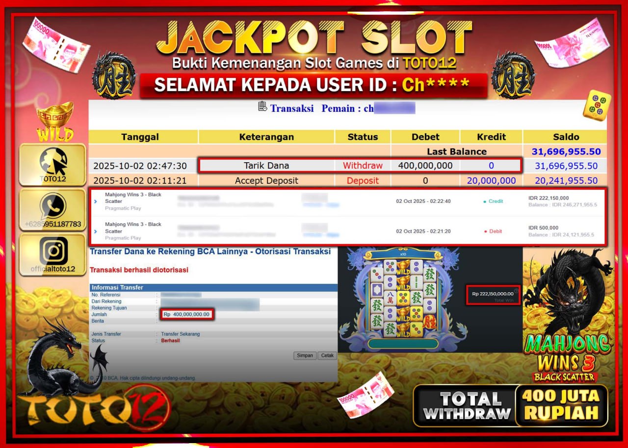 HANYA DI TOTO12 JP PASTI DI BAYAR LUNAS DAN CEPAT!!!!!! JACKPOT SLOT GAME (MAHJONG WINS 3 BLACK SCATTER) Rp.400.000.000 !!!!