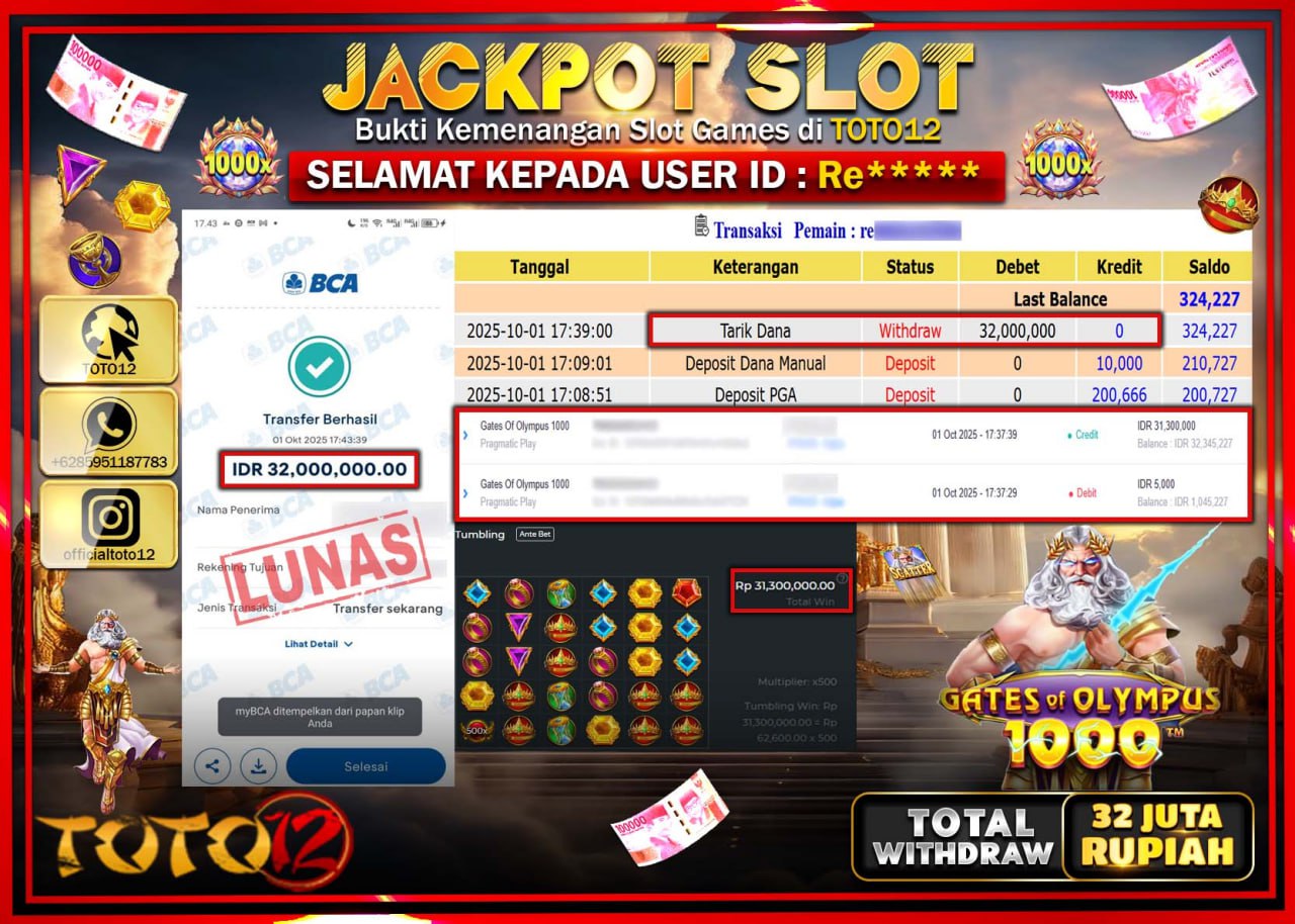 HANYA DI TOTO12 JP PASTI DI BAYAR LUNAS DAN CEPAT!!!!!! JACKPOT SLOT GAME (GATES OF OLYMPUS 1000) Rp.32.000.000 !!!!