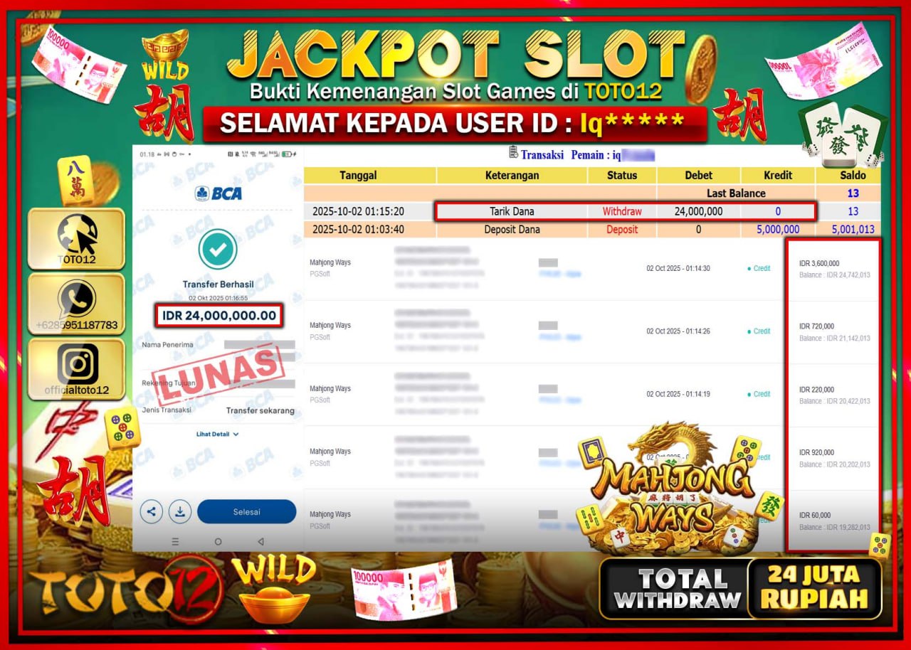 HANYA DI TOTO12 JP PASTI DI BAYAR LUNAS DAN CEPAT!!!!!! JACKPOT SLOT GAME (MAHJONG WAYS) Rp.24.000.000 !!!!