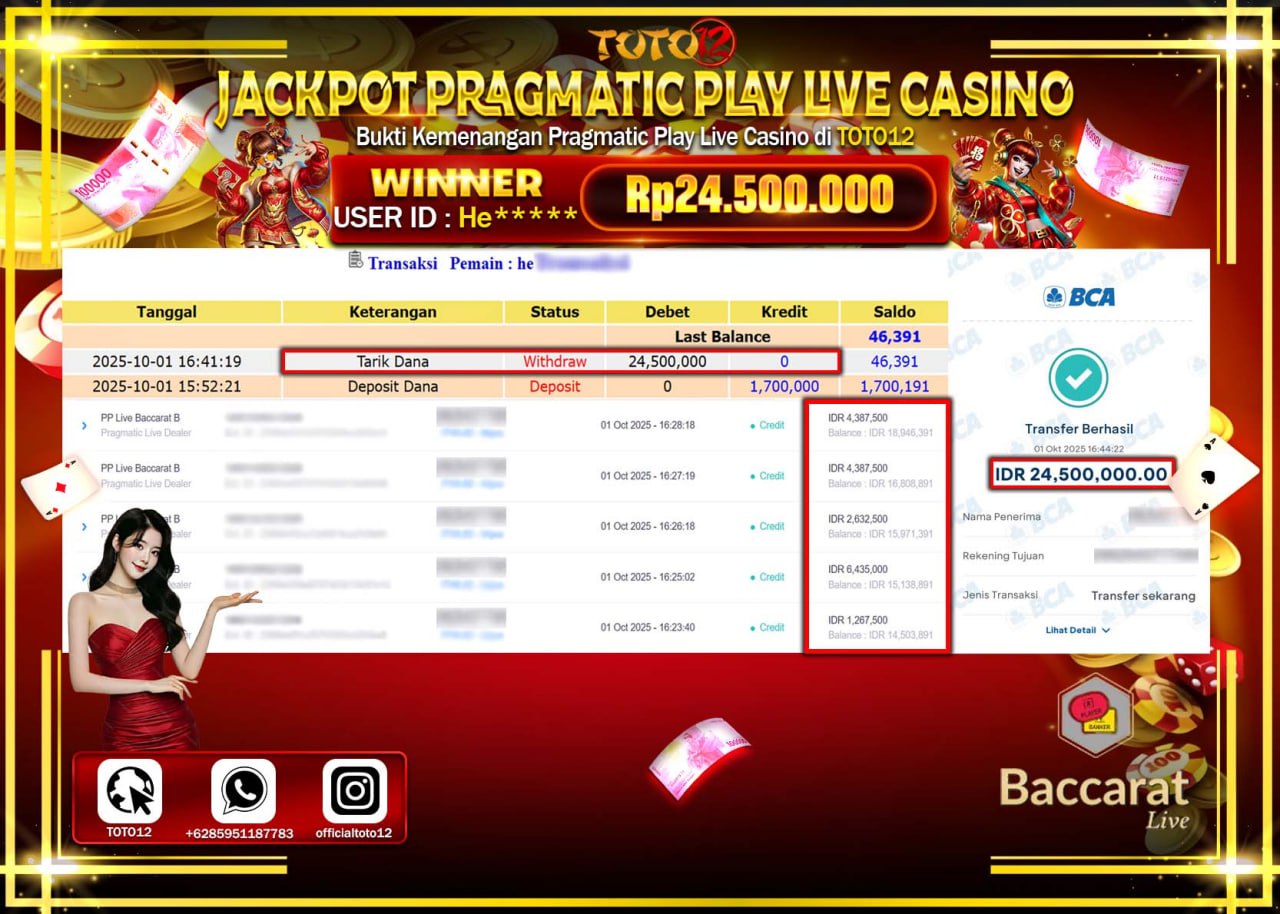 HANYA DI TOTO12 JP PASTI DI BAYAR LUNAS DAN CEPAT!!!!!! JACKPOT PRAGMATIC PLAY LIVE CASINO (BACCARAT) Rp.24.500.000 !!!!