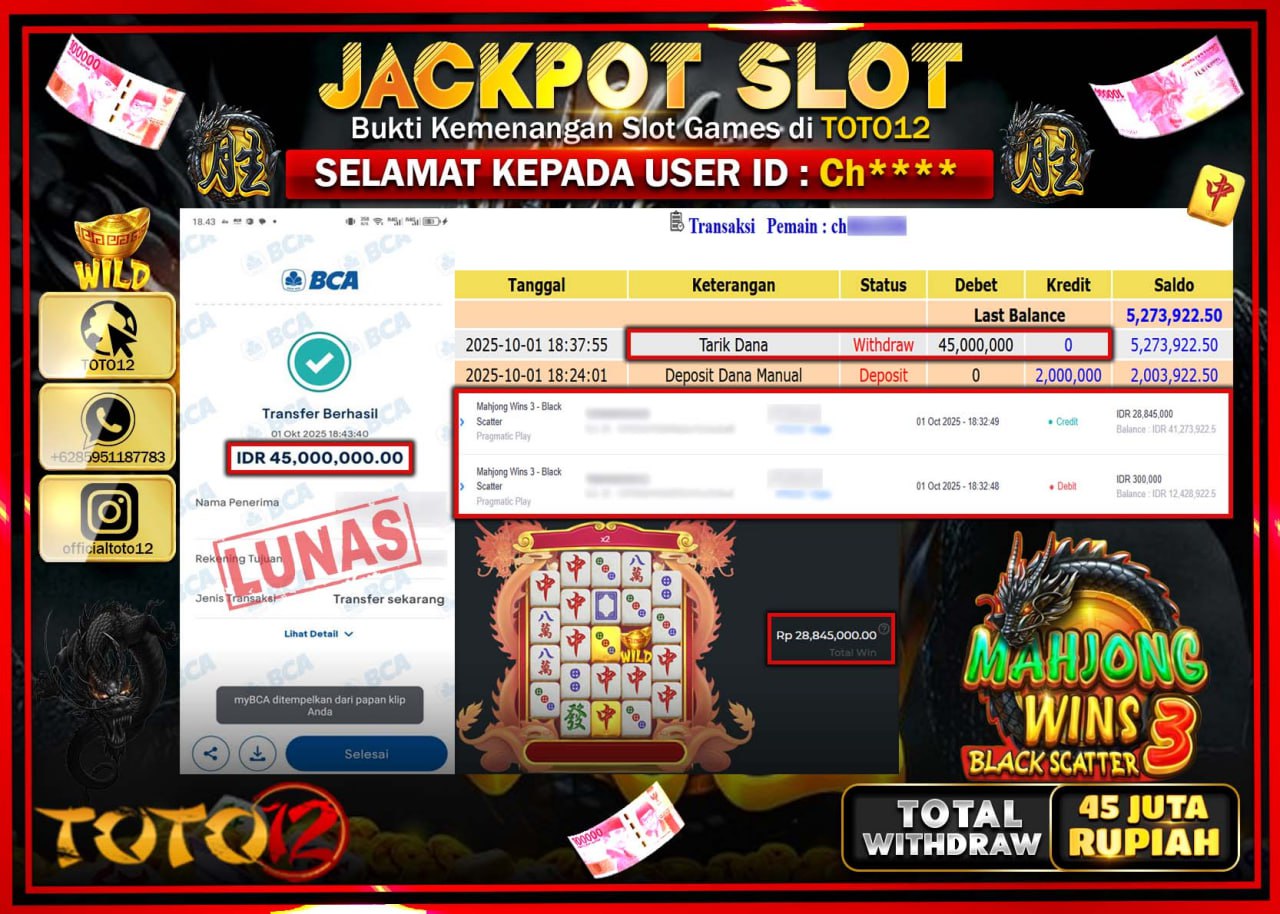 HANYA DI TOTO12 JP PASTI DI BAYAR LUNAS DAN CEPAT!!!!!! JACKPOT SLOT GAME (MAHJONG WINS 3 BLACK SCATTER) Rp.45.000.000 !!!!