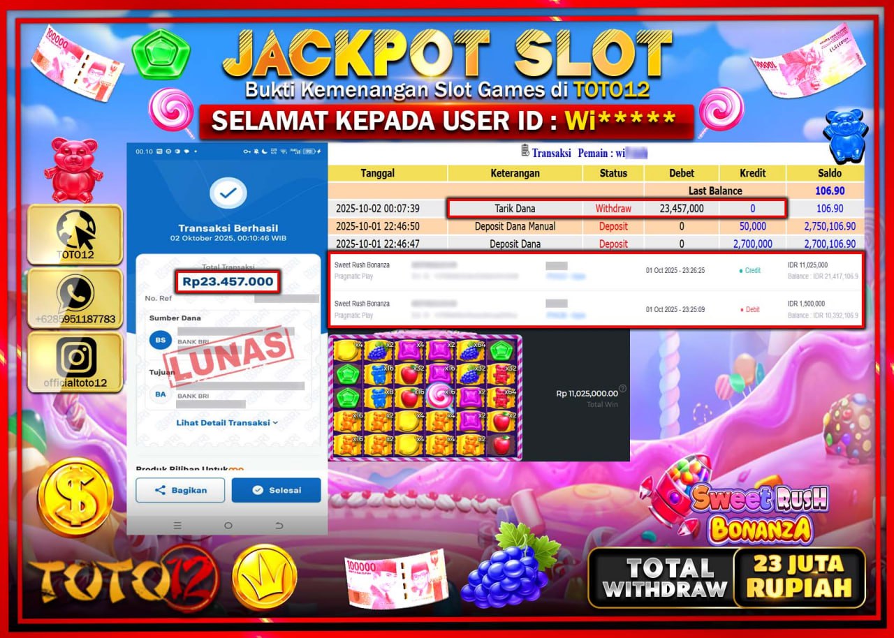 HANYA DI TOTO12 JP PASTI DI BAYAR LUNAS DAN CEPAT!!!!!! JACKPOT SLOT GAME (SWEET RUSH BONANZA) Rp.23.457.000 !!!!