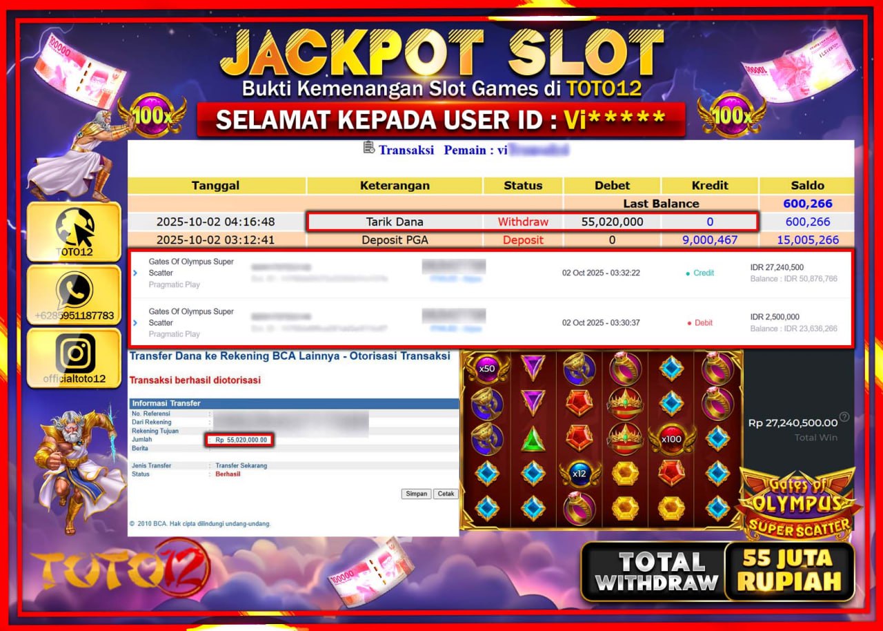 HANYA DI TOTO12 JP PASTI DI BAYAR LUNAS DAN CEPAT!!!!!! JACKPOT SLOT GAME (GATES OF OLYMPUS SUPER SCATTER) Rp.55.020.000 !!!!