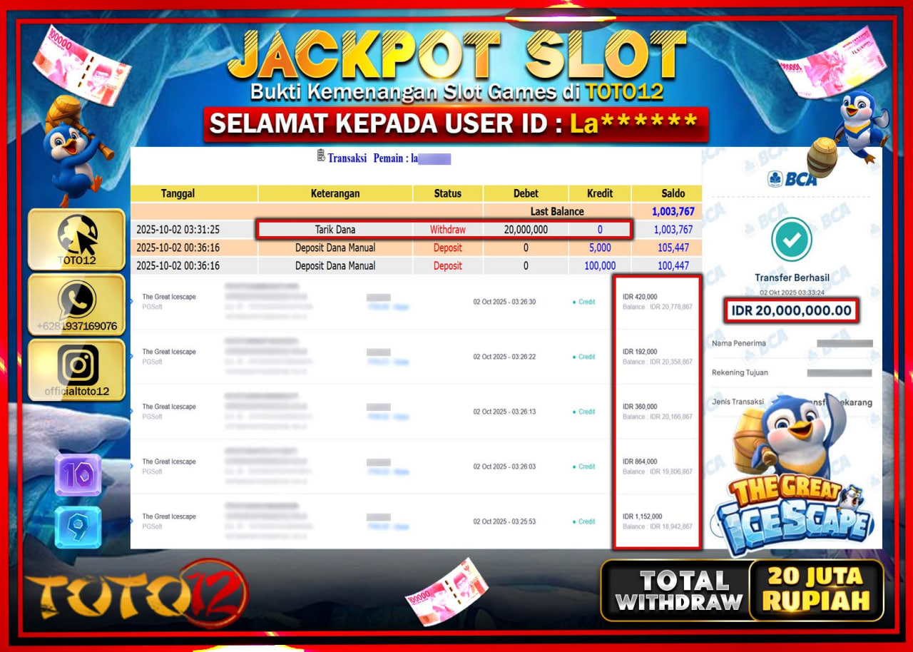 HANYA DI TOTO12 JP PASTI DI BAYAR LUNAS DAN CEPAT!!!!!! JACKPOT SLOT GAME (THE GREAT ICESPACE) Rp.20.000.000 !!!!