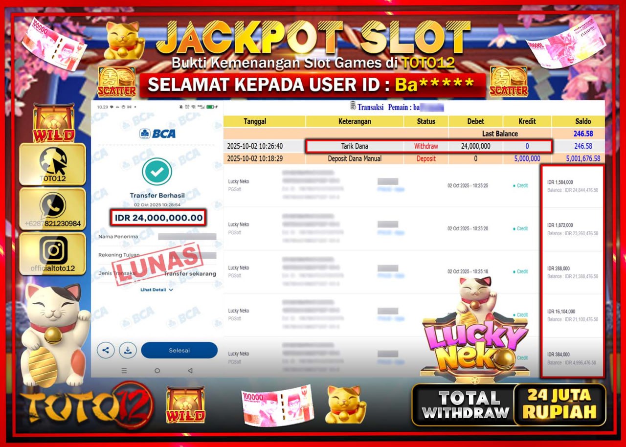 HANYA DI TOTO12 JP PASTI DI BAYAR LUNAS DAN CEPAT!!!!!! JACKPOT SLOT GAME (LUCKY NEKO) Rp.24.000.000 !!!!