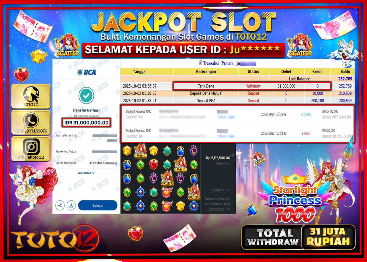 HANYA DI TOTO12 JP PASTI DI BAYAR LUNAS DAN CEPAT!!!!!! JACKPOT SLOT GAME (STARLIGHT PRINCESS 1000) Rp.31.000.000 !!!!