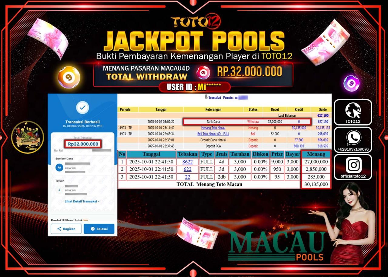 HANYA DI TOTO12 JP PASTI DI BAYAR LUNAS DAN CEPAT!!!!!! JACKPOT POOLS PASARAN (MACAU4D) Rp.32.000.000 !!!!