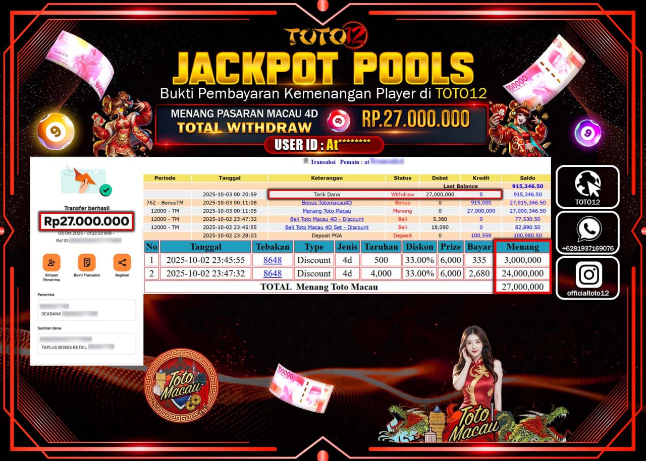HANYA DI TOTO12 JP PASTI DI BAYAR LUNAS DAN CEPAT!!!!!! JACKPOT POOLS PASARAN (MACAU4D) Rp.27.000.000 !!!!