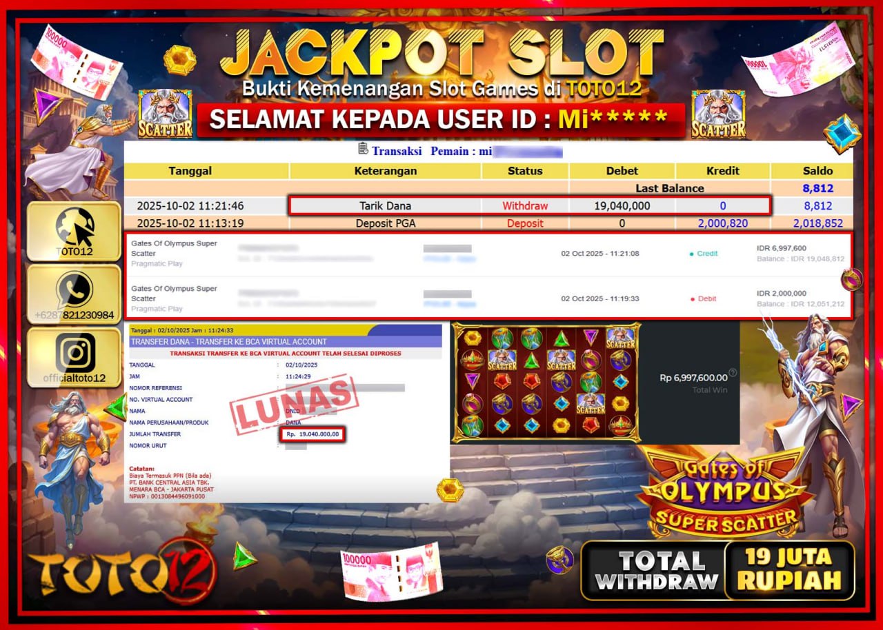 HANYA DI TOTO12 JP PASTI DI BAYAR LUNAS DAN CEPAT!!!!!! JACKPOT SLOT GAME (GATES OF OLYMPUS SUPER SCATTER) Rp.19.040.000 !!!!