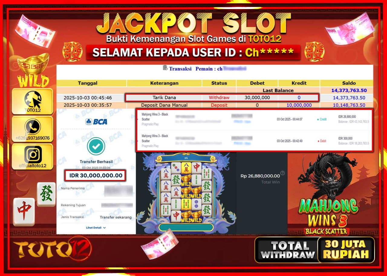 HANYA DI TOTO12 JP PASTI DI BAYAR LUNAS DAN CEPAT!!!!!! JACKPOT SLOT GAME (MAHJONG WINS 3 BLACK SCATTER) Rp.30.000.000 !!!!