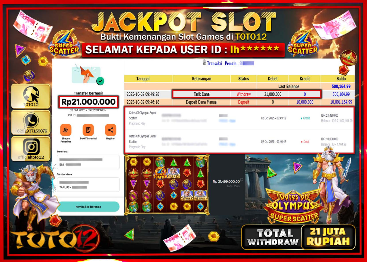HANYA DI TOTO12 JP PASTI DI BAYAR LUNAS DAN CEPAT!!!!!! JACKPOT SLOT GAME (GATES OF OLYMPUS SUPER SCATTER) Rp.21.000.000 !!!!