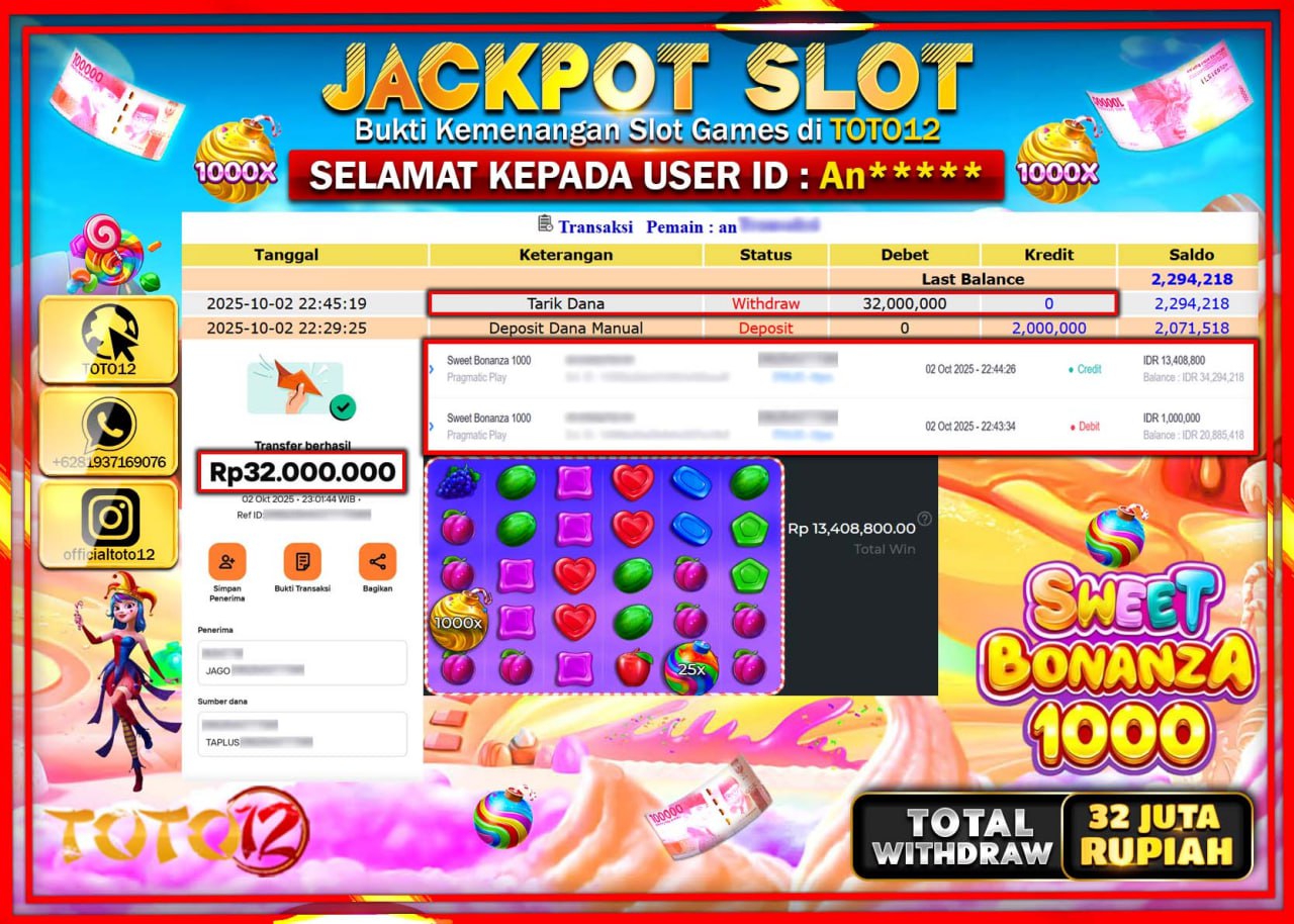 HANYA DI TOTO12 JP PASTI DI BAYAR LUNAS DAN CEPAT!!!!!! JACKPOT SLOT GAME (SWEET BONANZA 1000) Rp.32.000.000 !!!!