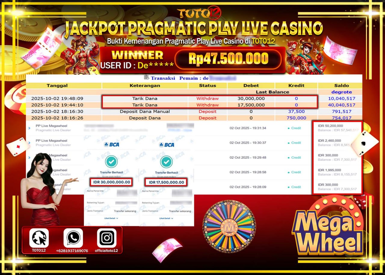HANYA DI TOTO12 JP PASTI DI BAYAR LUNAS DAN CEPAT!!!!!! JACKPOT PRAGMATIC PLAY LIVE CASINO (MEGA WHEEL) Rp.47.500.000 !!!!