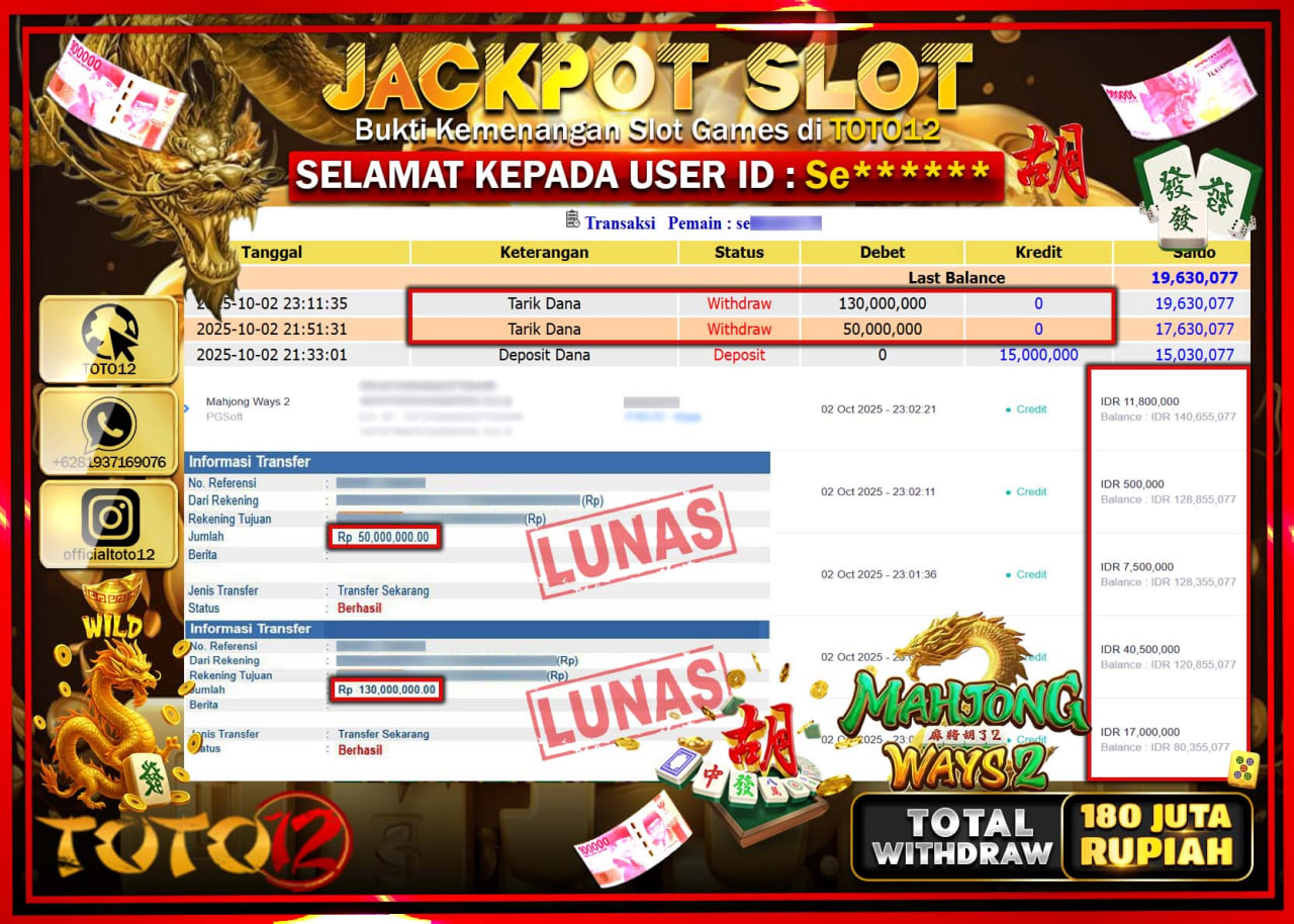 HANYA DI TOTO12 JP PASTI DI BAYAR LUNAS DAN CEPAT!!!!!! JACKPOT SLOT GAME (MAHJONG WAYS 2) Rp.180.000.000 !!!!
