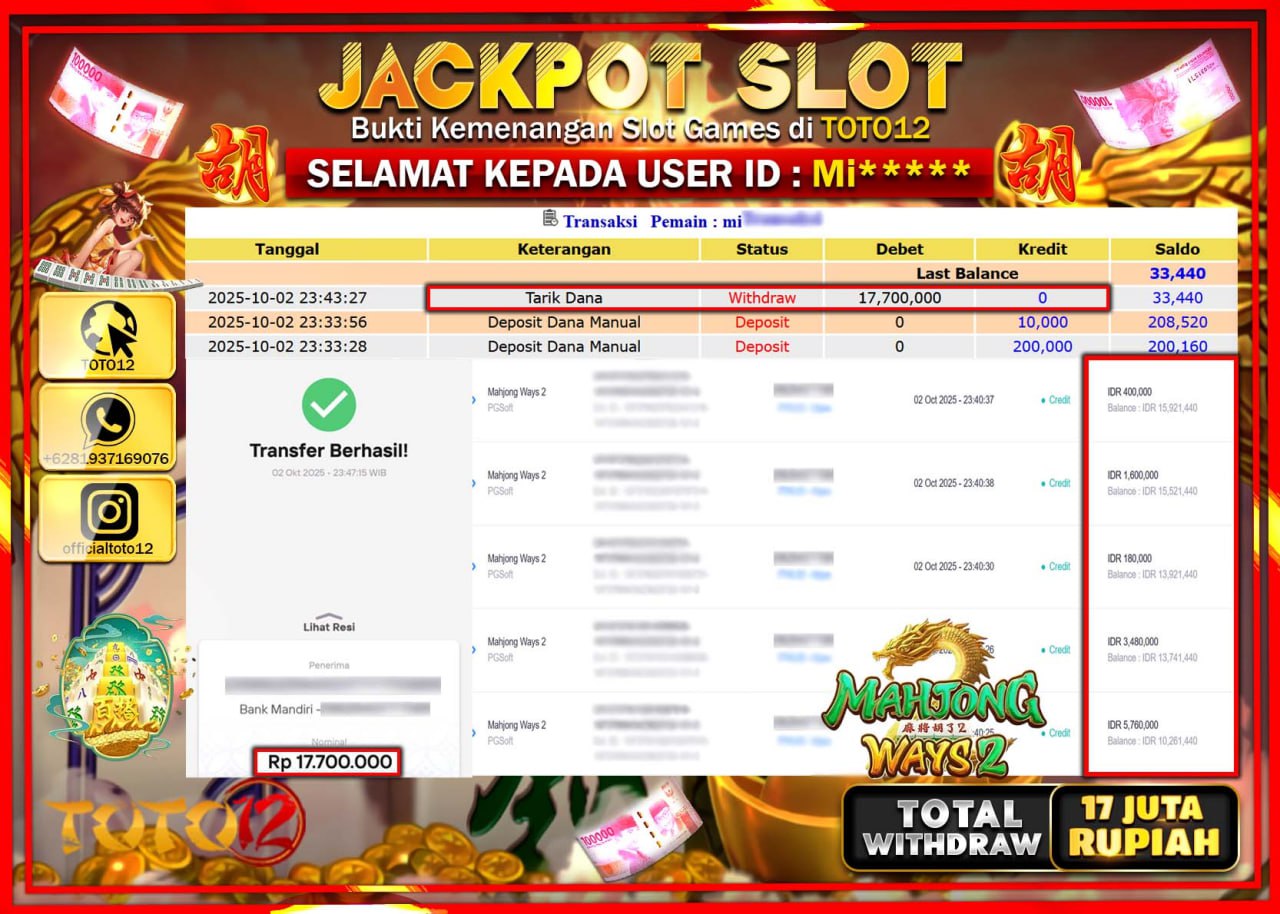 HANYA DI TOTO12 JP PASTI DI BAYAR LUNAS DAN CEPAT!!!!!! JACKPOT SLOT GAME (MAHJONG WAYS 2) Rp.17.000.000 !!!!