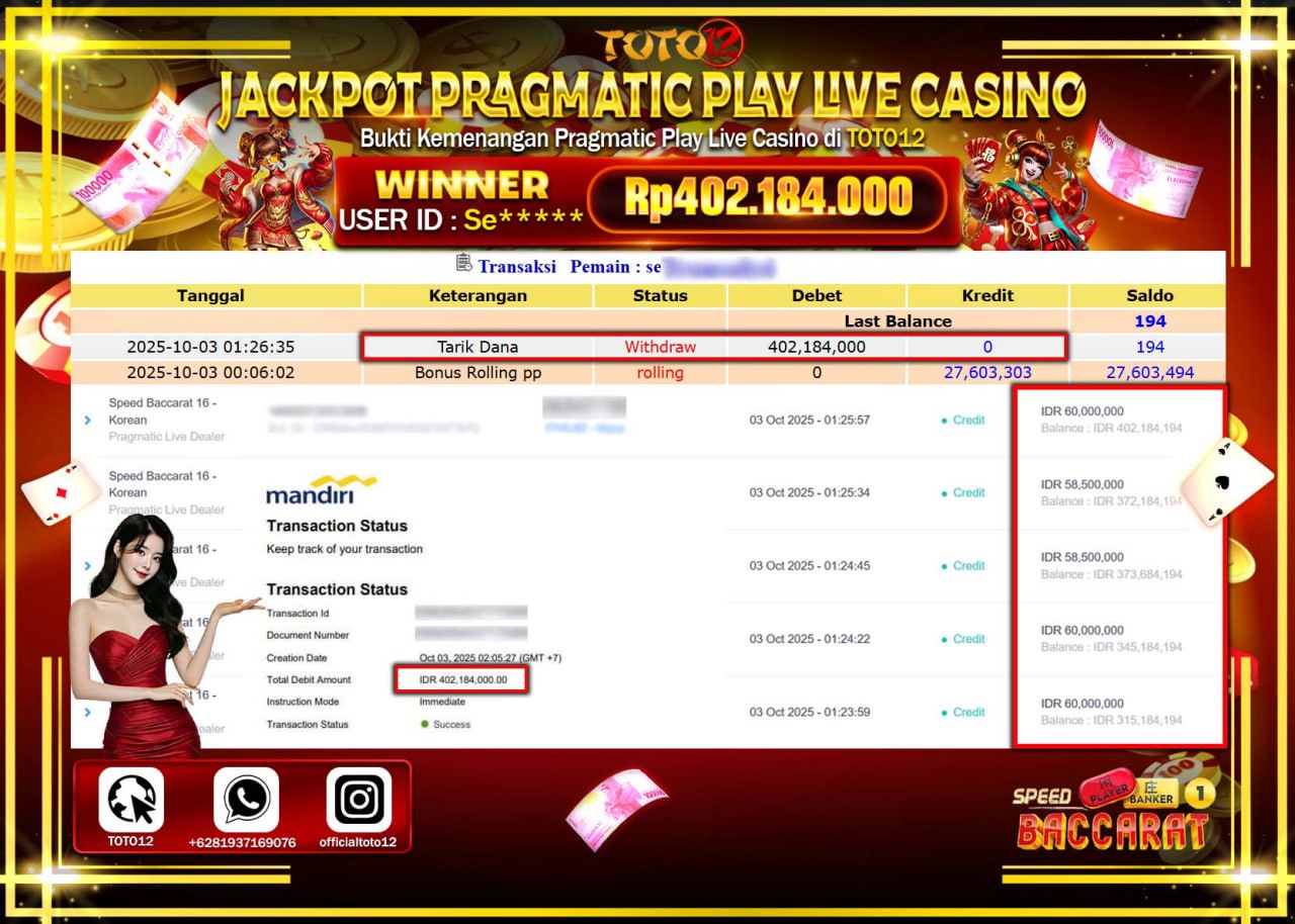 HANYA DI TOTO12 JP PASTI DI BAYAR LUNAS DAN CEPAT!!!!!! JACKPOT PRAGMATIC PLAY LIVE CASINO (SPEED BACCARAT 16 KOREAN) Rp.402.184.000 !!!!