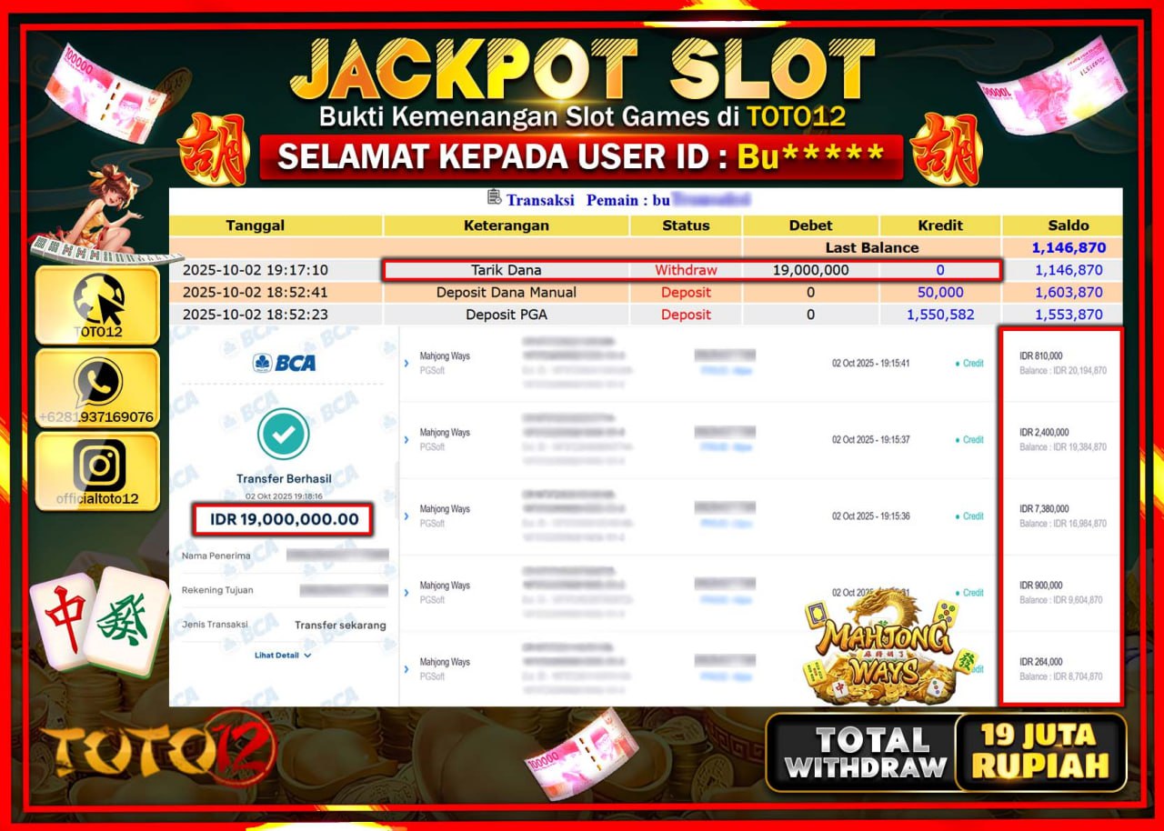 HANYA DI TOTO12 JP PASTI DI BAYAR LUNAS DAN CEPAT!!!!!! JACKPOT SLOT GAME (MAHJONG WAYS) Rp.19.000.000 !!!!