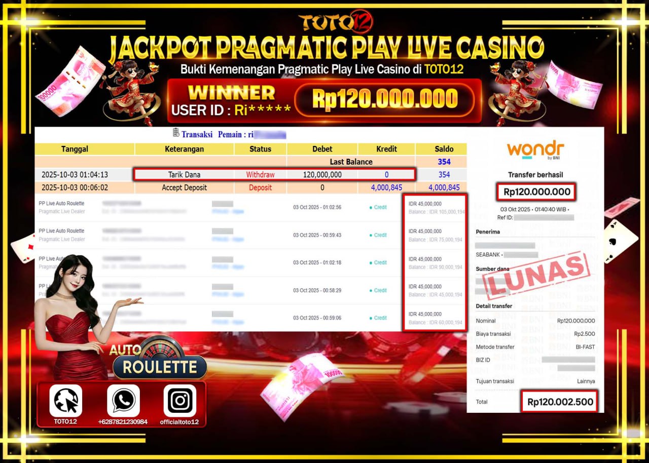 HANYA DI TOTO12 JP PASTI DI BAYAR LUNAS DAN CEPAT!!!!!! JACKPOT PRAGMATIC PLAY LIVE CASINO (AUTO ROULETTE) Rp.120.000.000 !!!!