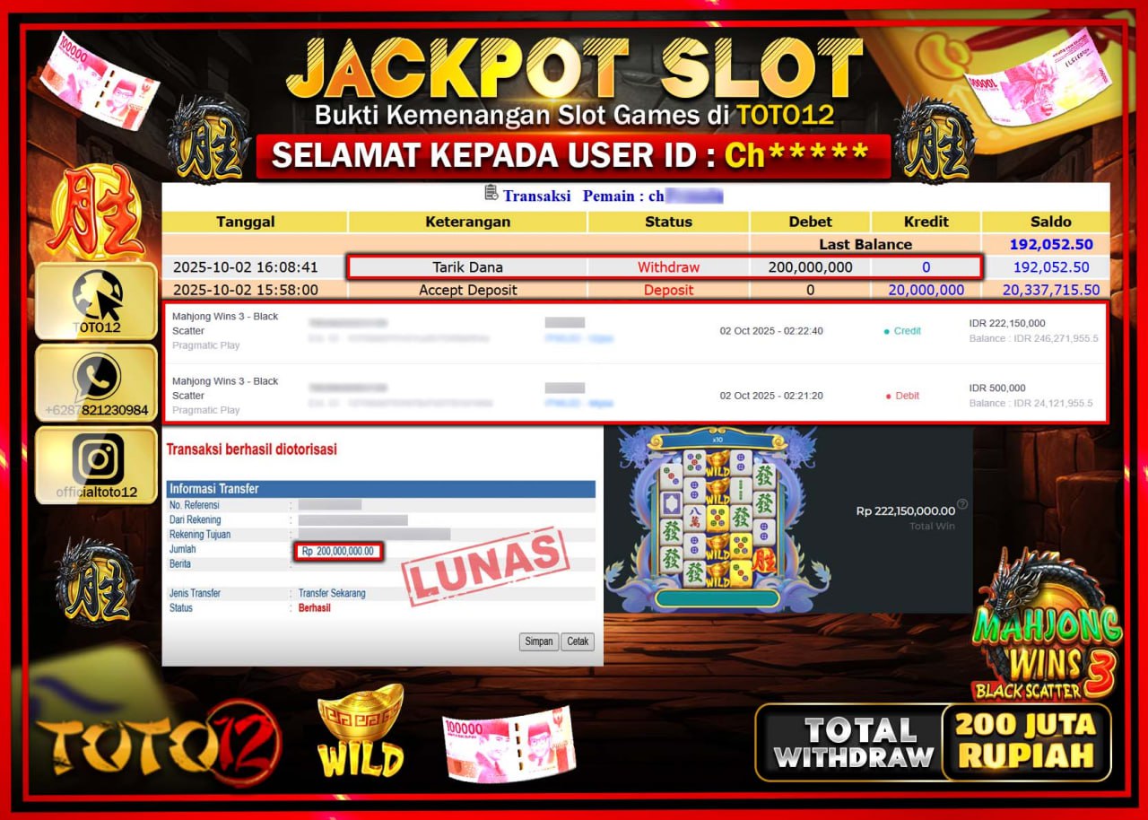 HANYA DI TOTO12 JP PASTI DI BAYAR LUNAS DAN CEPAT!!!!!! JACKPOT SLOT GAME (MAHJONG WINS 3 BLACK SCATTER) Rp.200.000.000 !!!!