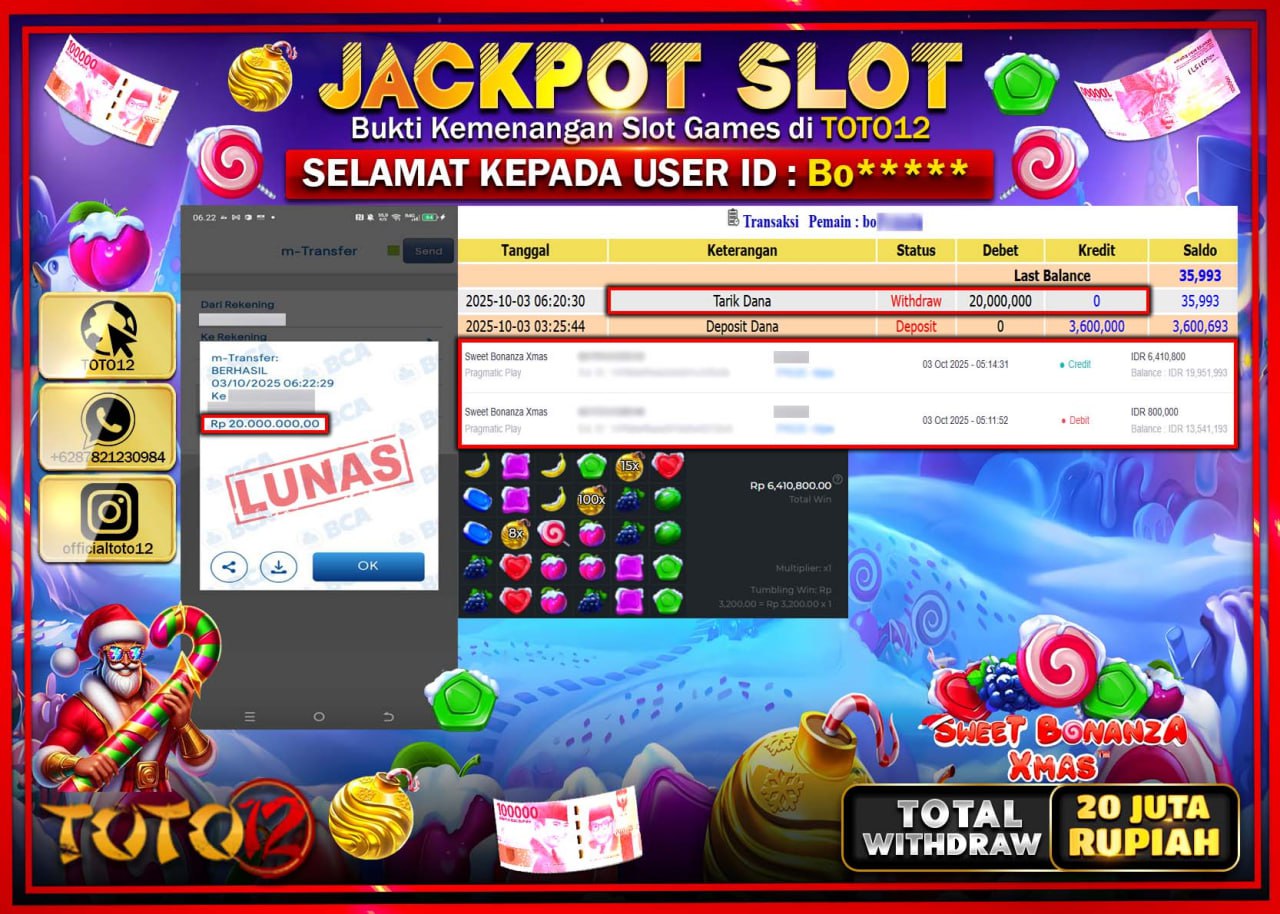 HANYA DI TOTO12 JP PASTI DI BAYAR LUNAS DAN CEPAT!!!!!! JACKPOT SLOT GAME (SWEET BONANZA XMAS) Rp.20.000.000 !!!!