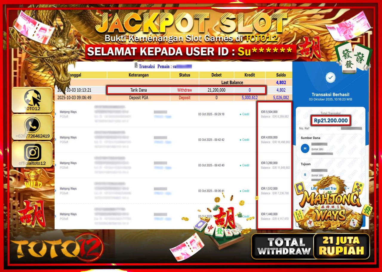 HANYA DI TOTO12 JP PASTI DI BAYAR LUNAS DAN CEPAT!!!!!! JACKPOT SLOT GAME (MAHJONG WAYS) Rp.21.200.000 !!!!