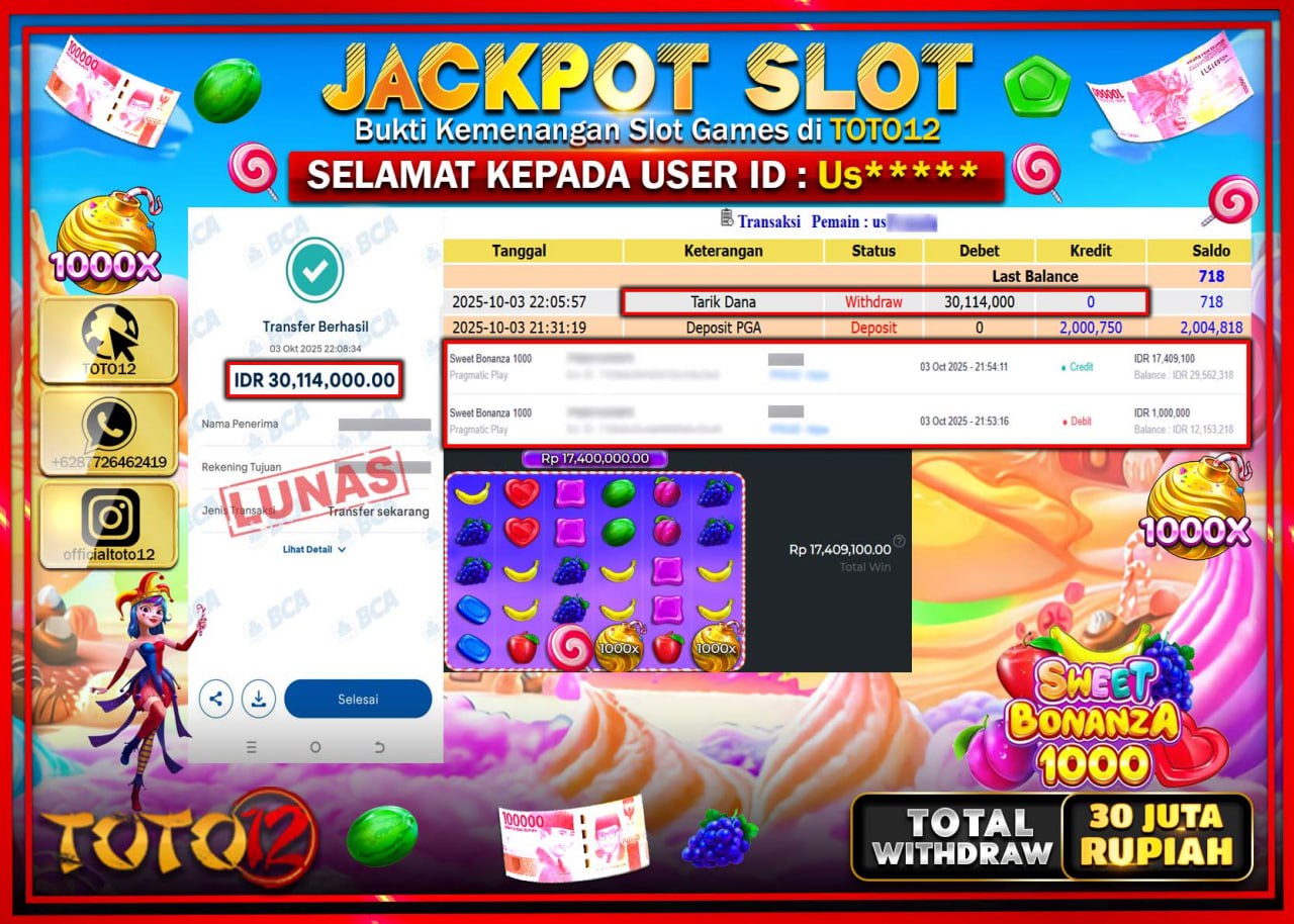 HANYA DI TOTO12 JP PASTI DI BAYAR LUNAS DAN CEPAT!!!!!! JACKPOT SLOT GAME (SWEET BONANZA 1000) Rp.30.114.000 !!!!