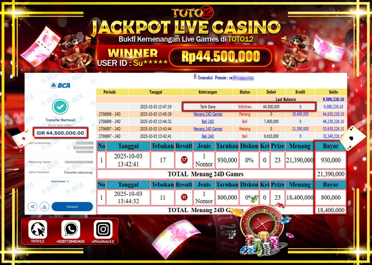 HANYA DI TOTO12 JP PASTI DI BAYAR LUNAS DAN CEPAT!!!!!! JACKPOT LIVE CASINO (24D GAMES) Rp.44.500.000 !!!!