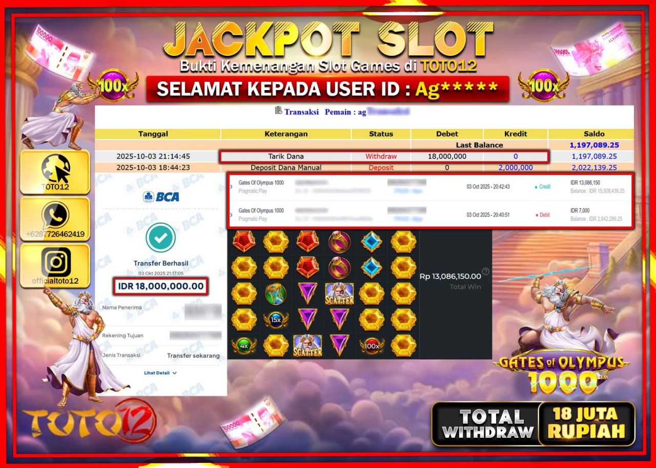 HANYA DI TOTO12 JP PASTI DI BAYAR LUNAS DAN CEPAT!!!!!! JACKPOT SLOT GAME (GATES OF OLYMPUS 1000) Rp.18.000.000 !!!!