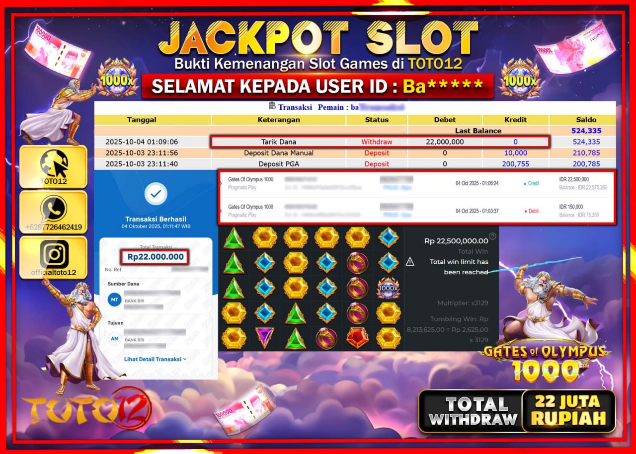 HANYA DI TOTO12 JP PASTI DI BAYAR LUNAS DAN CEPAT!!!!!! JACKPOT SLOT GAME (GATES OF OLYMPUS 1000) Rp.22.000.000 !!!!