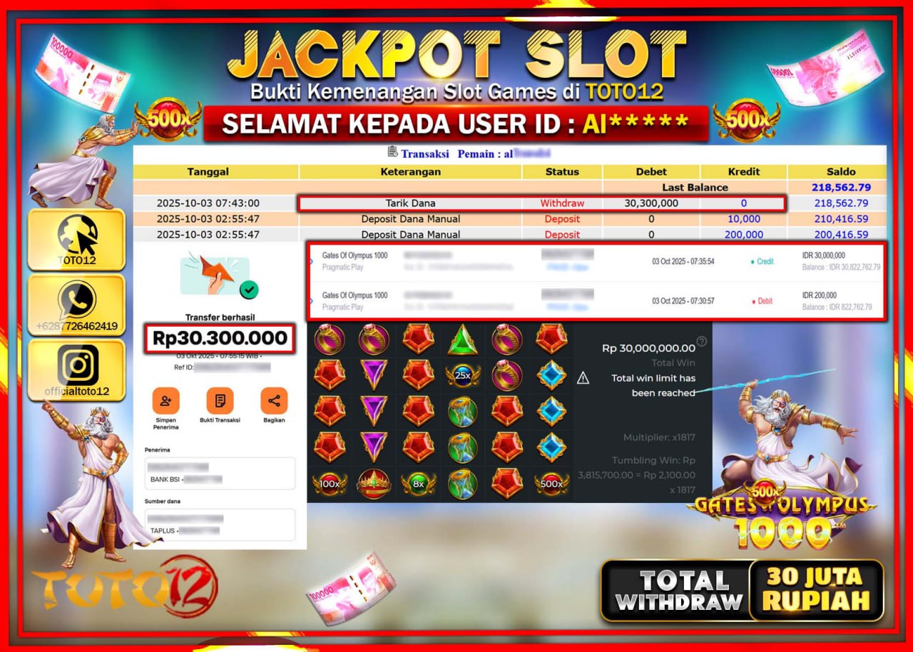 HANYA DI TOTO12 JP PASTI DI BAYAR LUNAS DAN CEPAT!!!!!! JACKPOT SLOT GAME (GATES OF OLYMPUS 1000) Rp.30.300.000 !!!!