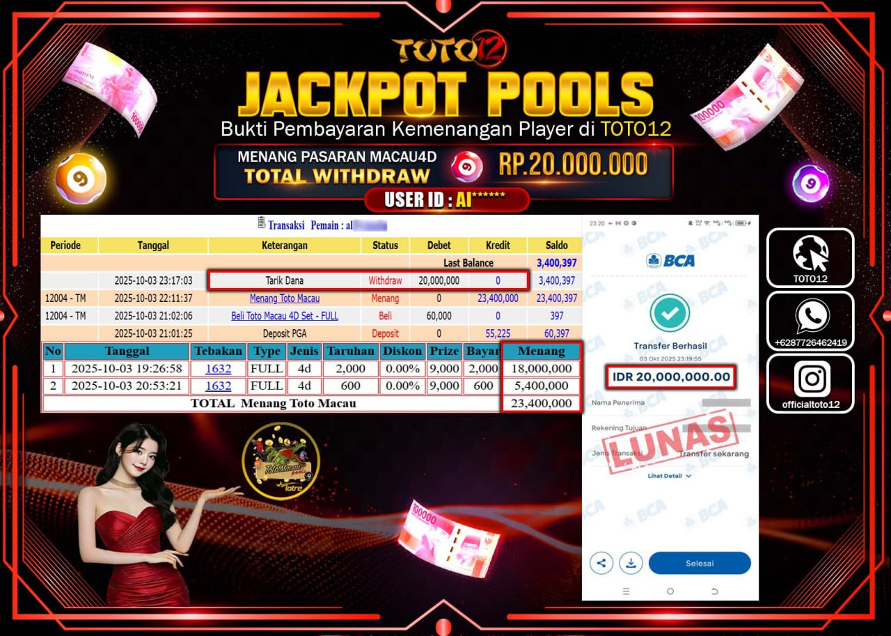 HANYA DI TOTO12 JP PASTI DI BAYAR LUNAS DAN CEPAT!!!!!! JACKPOT POOLS PASARAN (MACAU 4D) Rp.20.000.000 !!!!