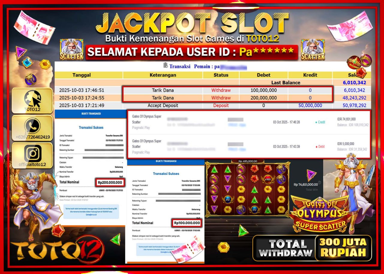 HANYA DI TOTO12 JP PASTI DI BAYAR LUNAS DAN CEPAT!!!!!! JACKPOT SLOT GAME (GATES OF OLYMPUS SUPER SCATTER) Rp.300.000.000 !!!!