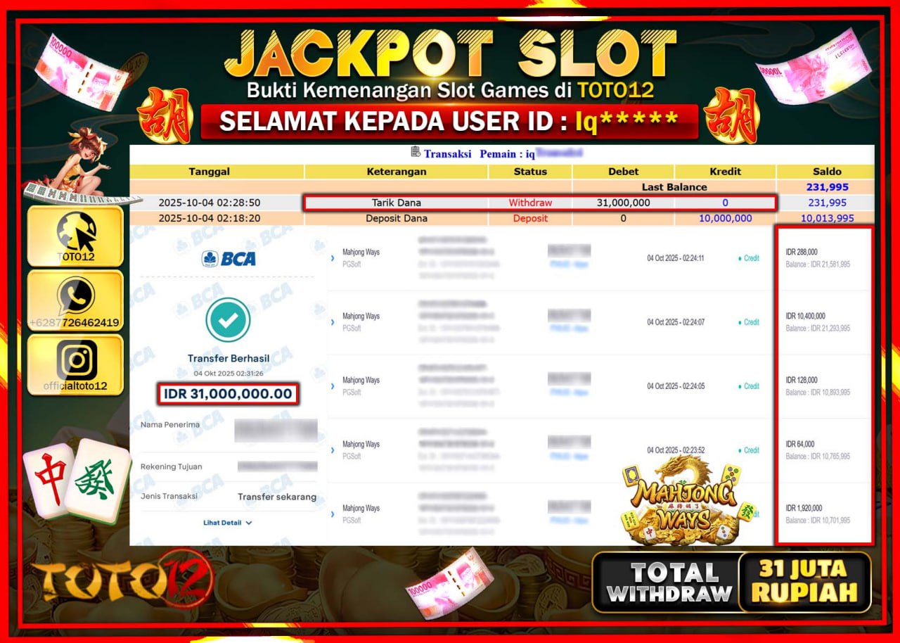 HANYA DI TOTO12 JP PASTI DI BAYAR LUNAS DAN CEPAT!!!!!! JACKPOT SLOT GAME (MAHJONG WAYS) Rp.31.000.000 !!!!