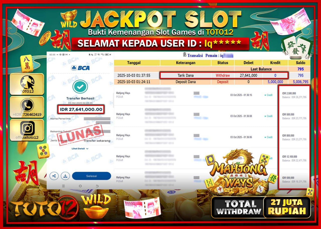 HANYA DI TOTO12 JP PASTI DI BAYAR LUNAS DAN CEPAT!!!!!! JACKPOT SLOT GAME (MAHJONG WAYS) Rp.27.641.000 !!!!