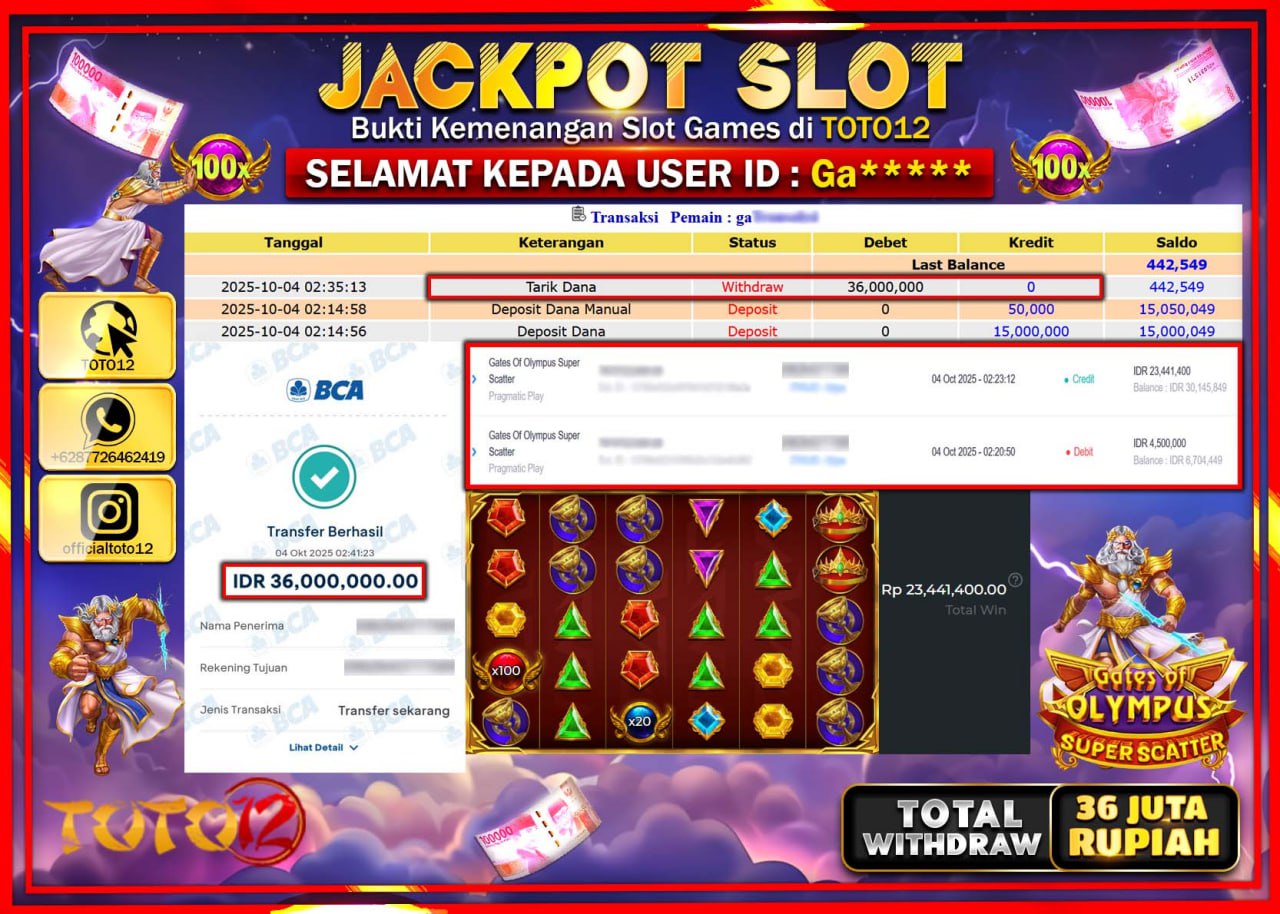 HANYA DI TOTO12 JP PASTI DI BAYAR LUNAS DAN CEPAT!!!!!! JACKPOT SLOT GAME (GATES OF OLYMPUS SUPER SCATTER) Rp.36.000.000 !!!!