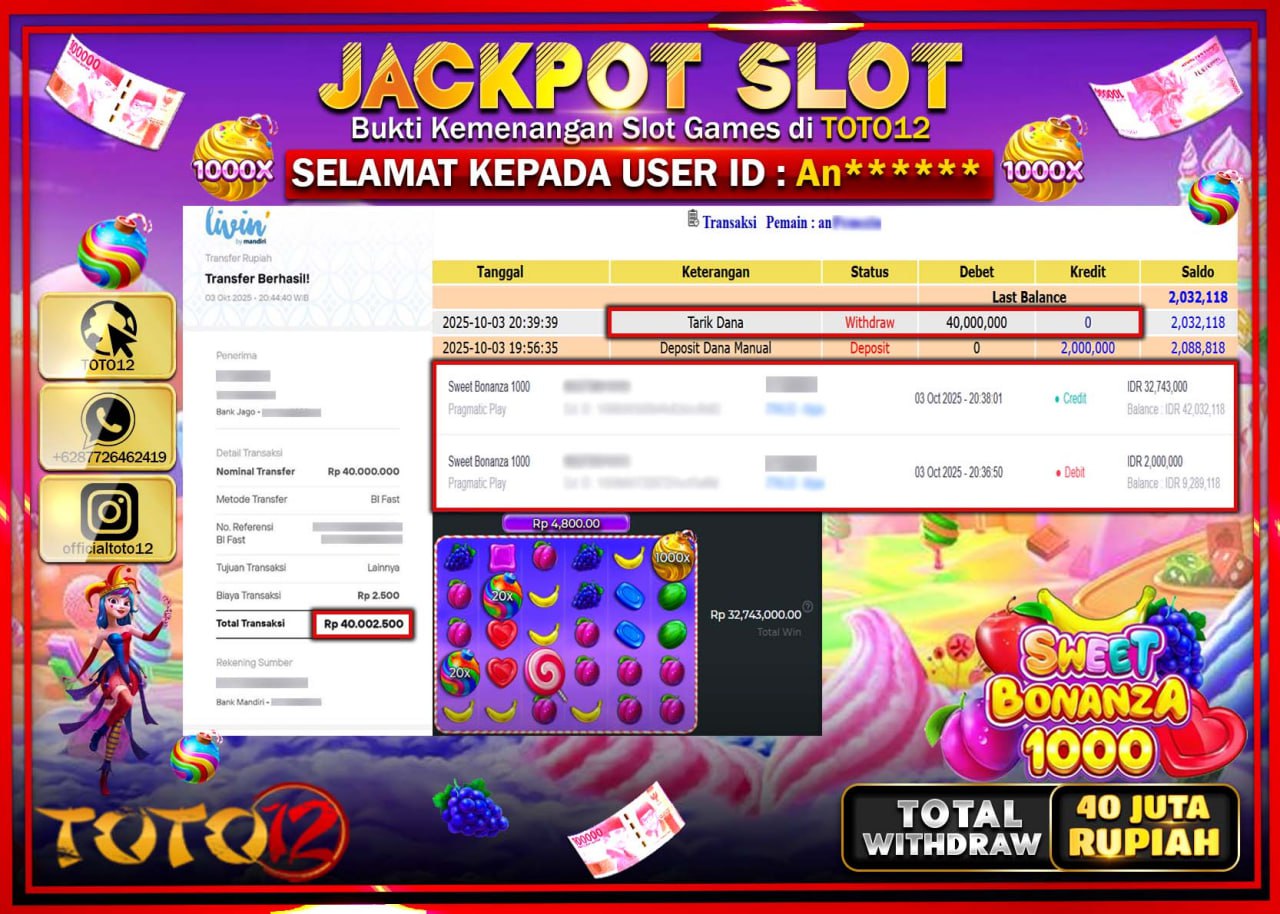 HANYA DI TOTO12 JP PASTI DI BAYAR LUNAS DAN CEPAT!!!!!! JACKPOT SLOT GAME (SWEET BONANZA 1000) Rp.40.000.000 !!!!